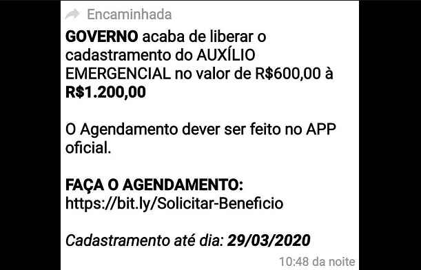 Alerta: Mensagem de WhatsApp com link de cadastro para auxílio emergencial é golpe