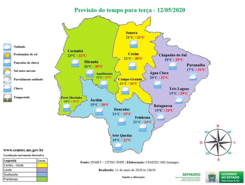Chuvas retornam a Mato Grosso do Sul nesta terça-feira