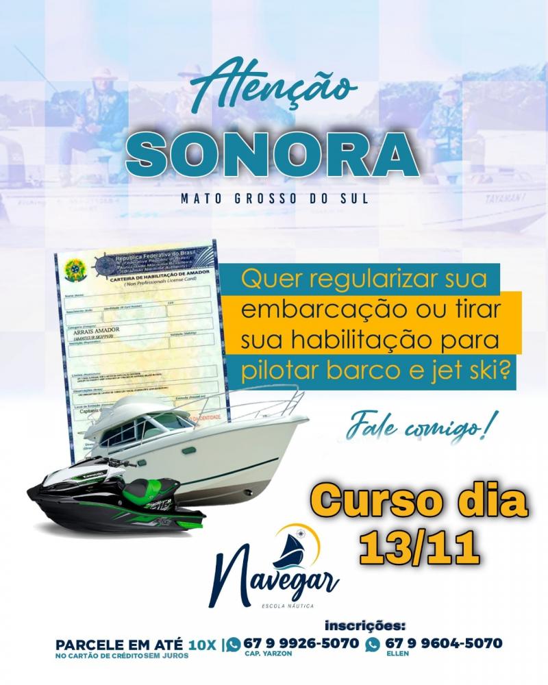Escola Náutica Navegar estará ministrando curso de pilotagem em Coxim no dia 13 de novembro