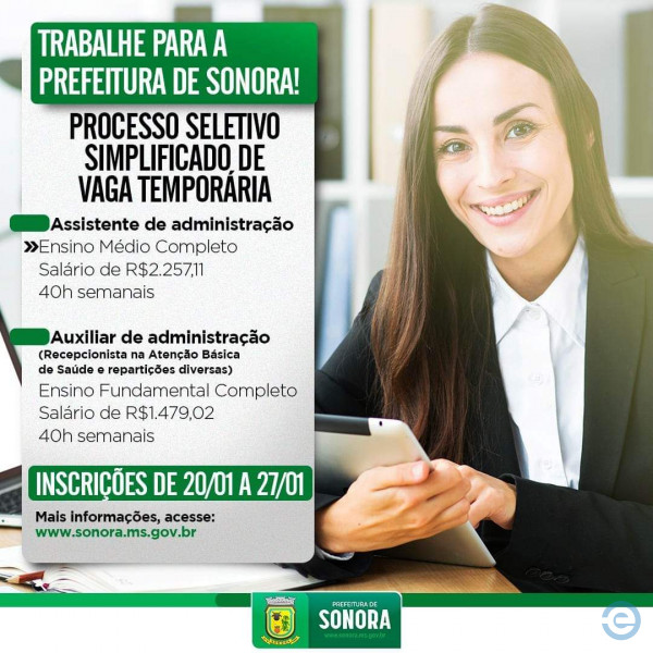 Prefeitura de Sonora divulga edital para contratação temporária com salário de até R$2,2 mil