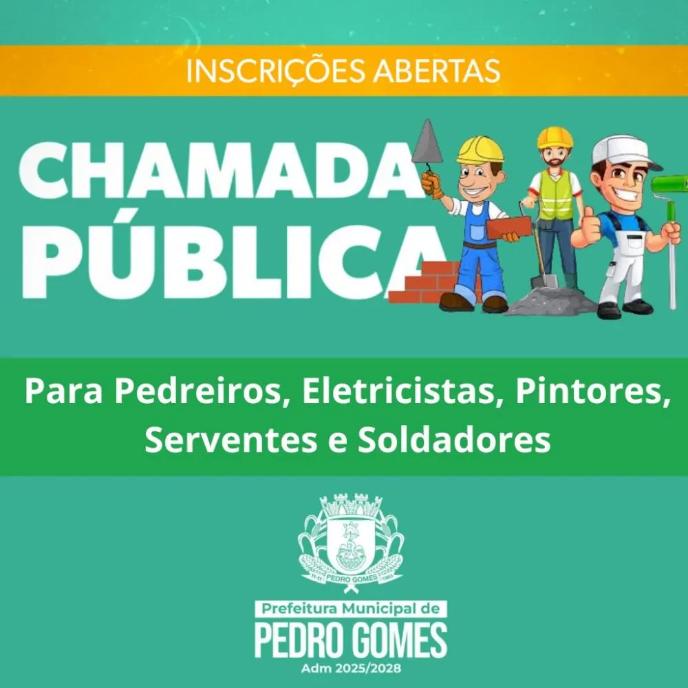 Prefeitura de Pedro Gomes abre credenciamento para pedreiros, eletricistas, pintores, serventes e soldadores